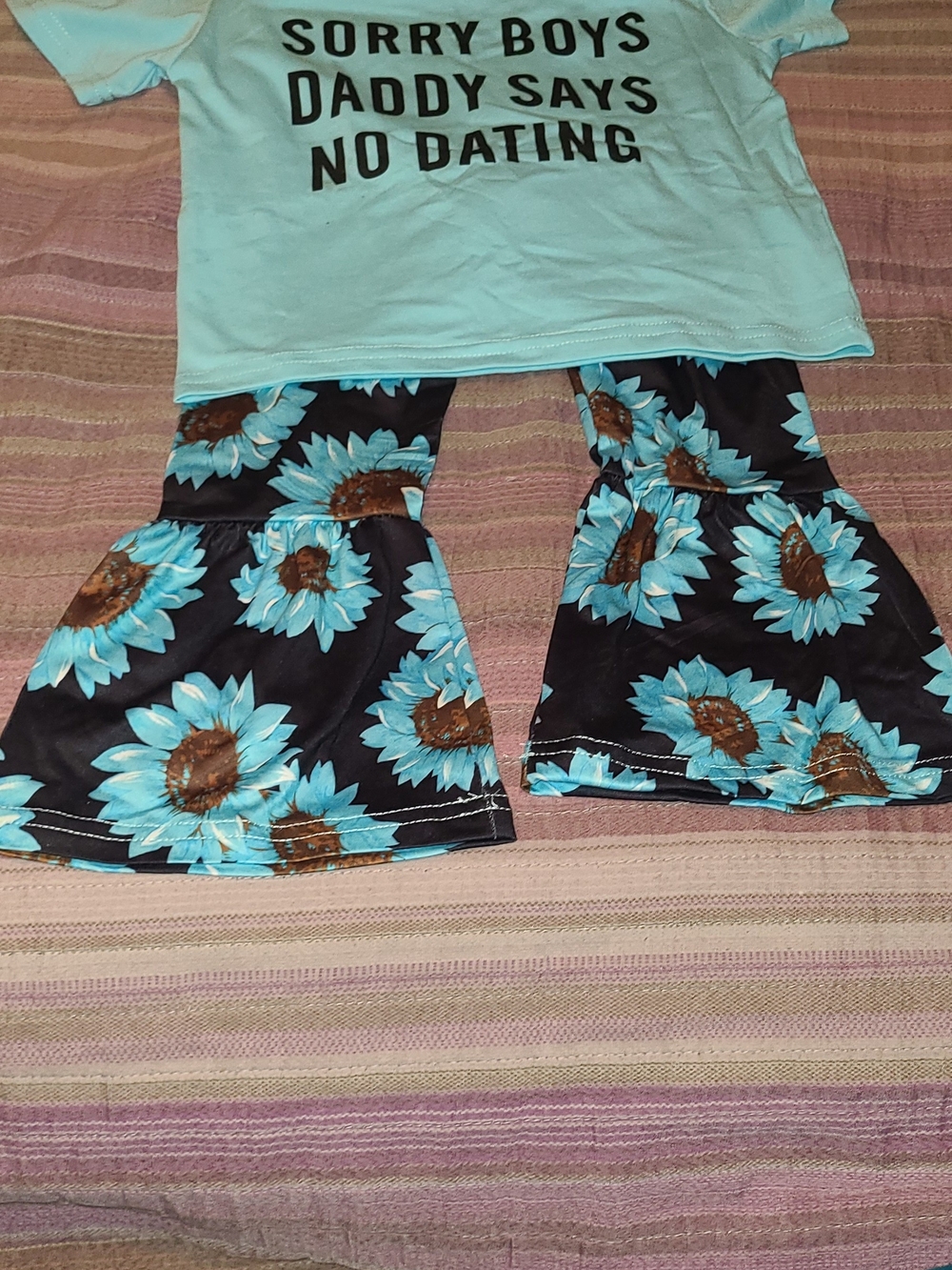 Shein Girls' Black Floral Bell-Bottoms with Turquoise Sunflowers